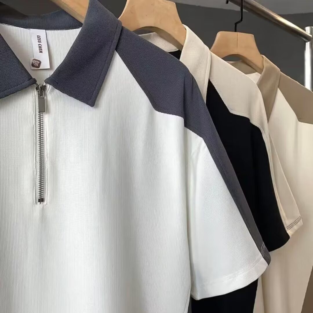 Summer Menswear Color Stitching Turnover Neck Short-sleeved T-shirt Set With Handsome Casual Shorts