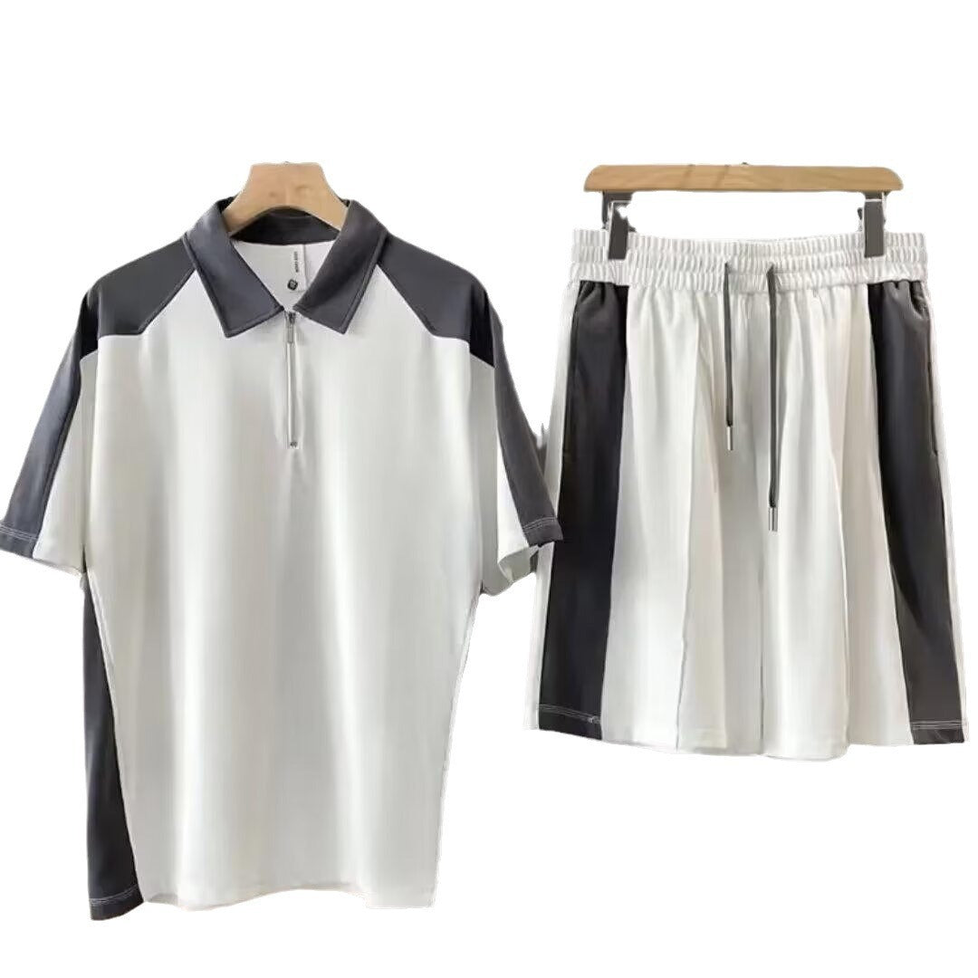 Summer Menswear Color Stitching Turnover Neck Short-sleeved T-shirt Set With Handsome Casual Shorts