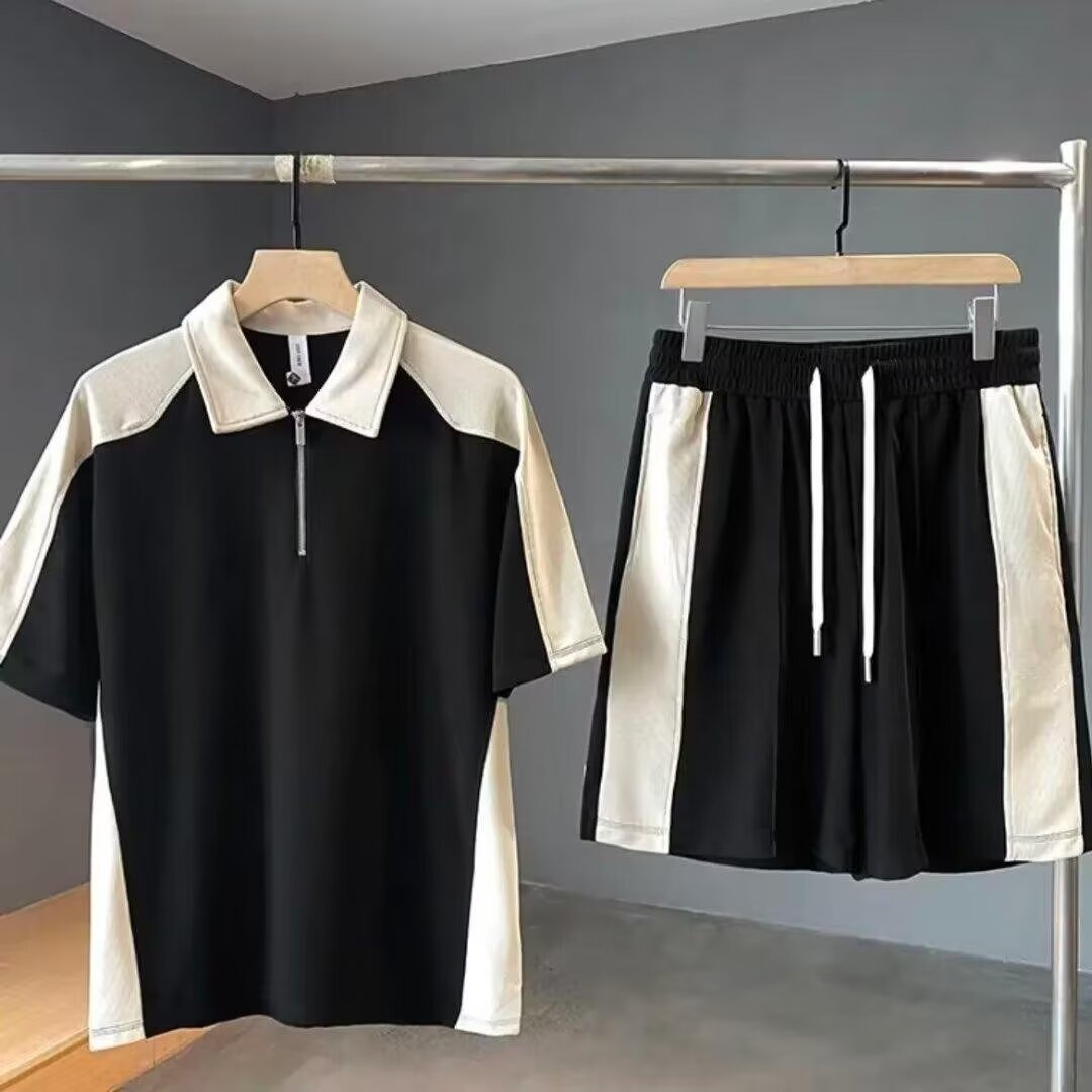 Summer Menswear Color Stitching Turnover Neck Short-sleeved T-shirt Set With Handsome Casual Shorts