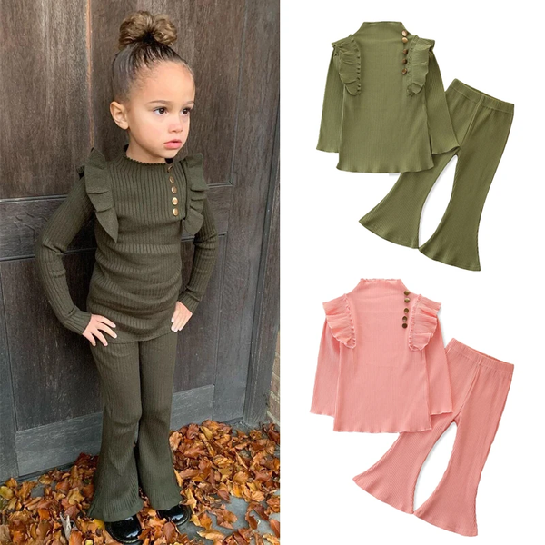 1-6 Y Fashion Kids Girls Clothes Sets 2Pcs Ruffles Solid Knit Long Sleeve Pullover Tops Flare Pants